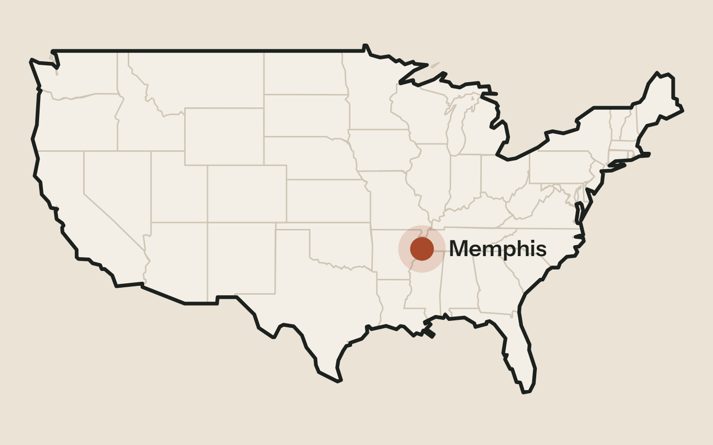 Map of the United States with Memphis, Tennessee marked